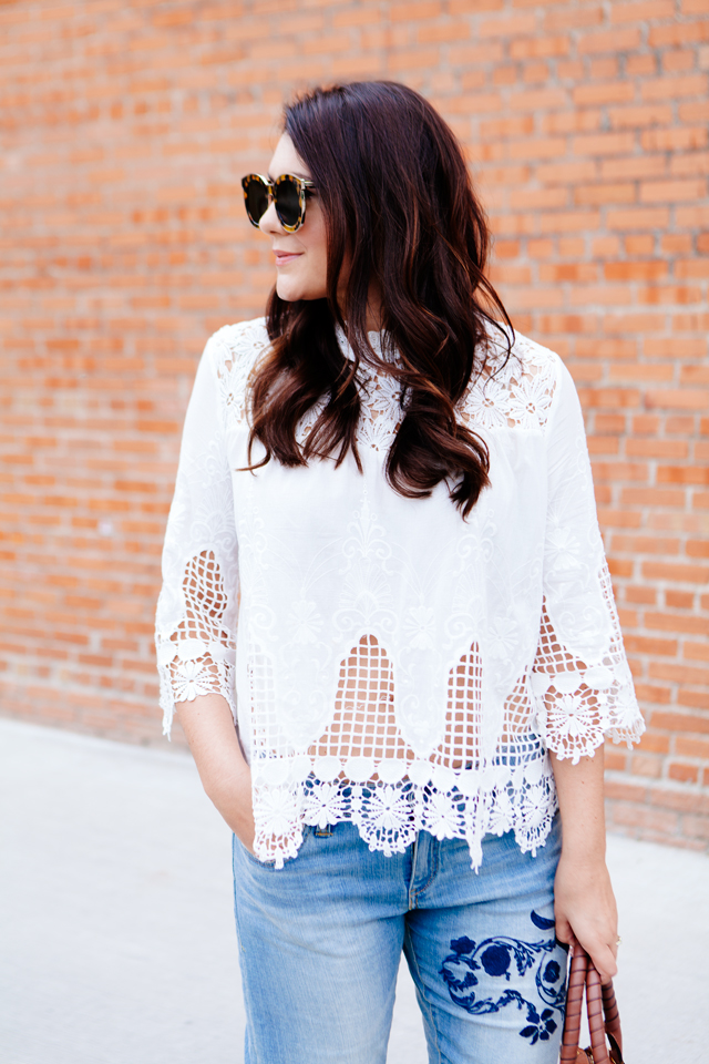 Kendi Everyday wearing Embroidered Denim with a lace boho blouse. 