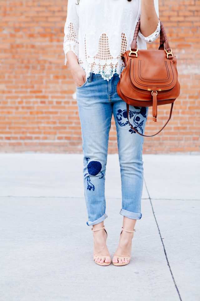 Kendi Everyday wearing Embroidered Denim with a lace boho blouse. 