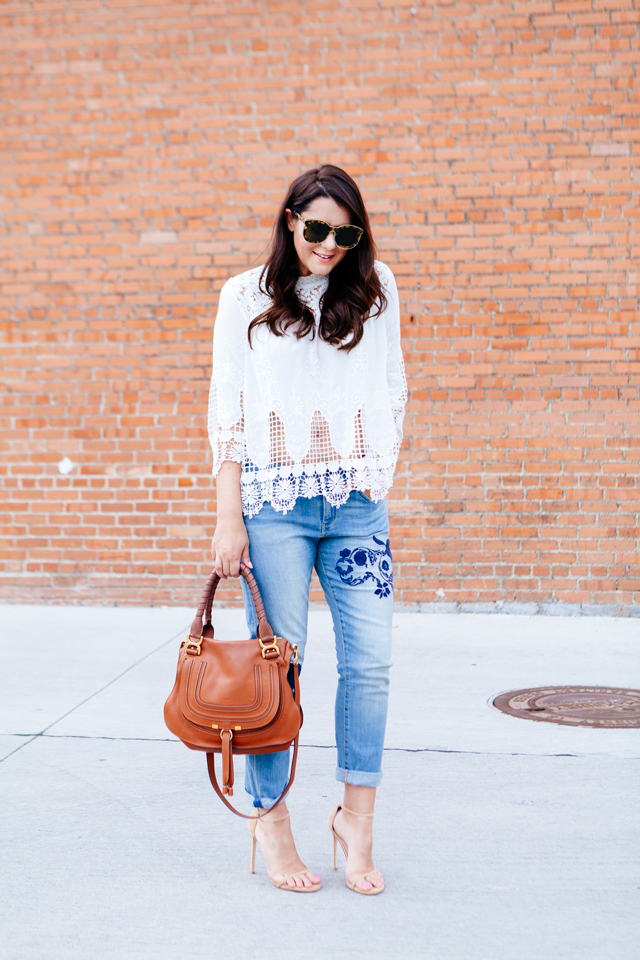 Kendi Everyday wearing Embroidered Denim with a lace boho blouse. 