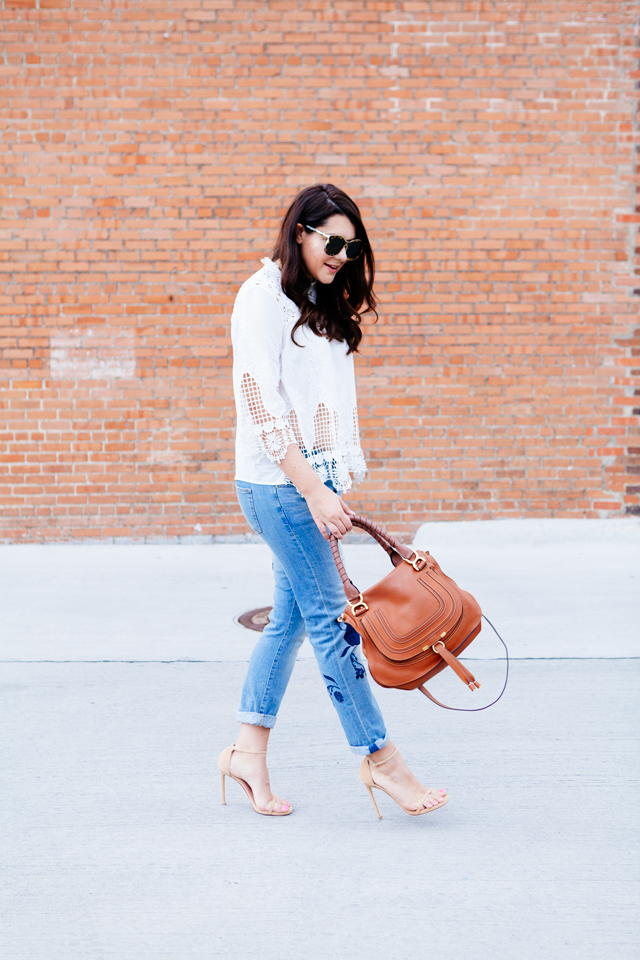 Kendi Everyday wearing Embroidered Denim with a lace boho blouse. 