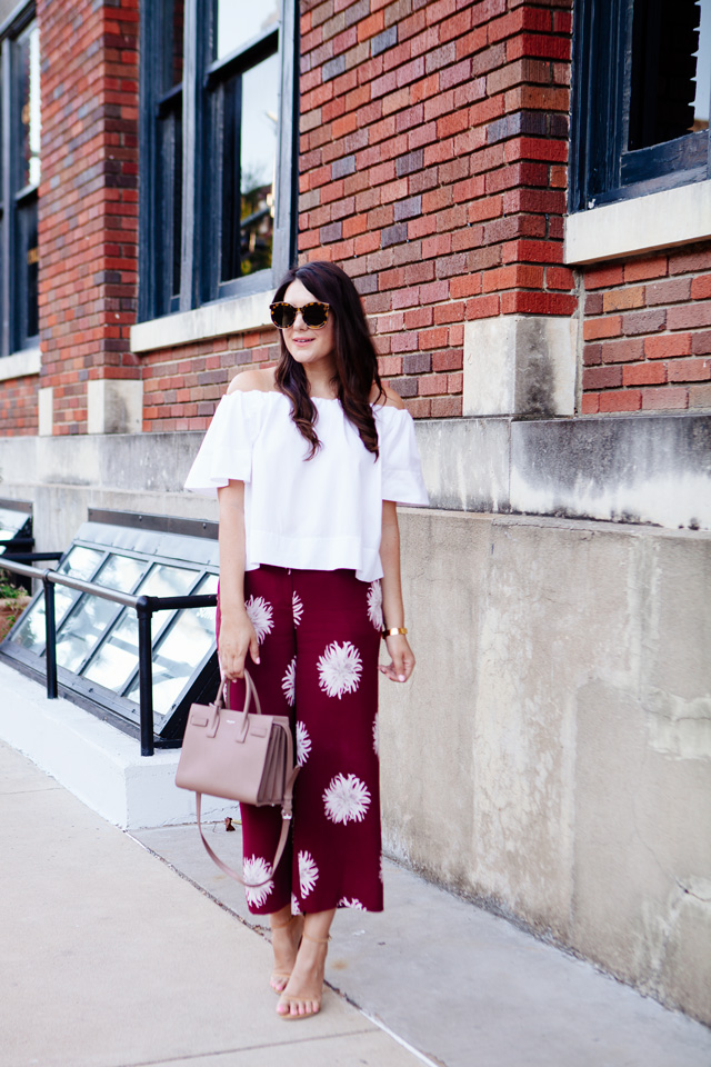 Kendi Everyday wearing Ann Taylor Floral Pants and Off the Shoulder Top