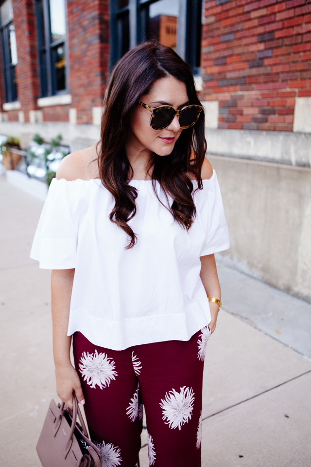 Kendi Everyday wearing Ann Taylor Floral Pants and Off the Shoulder Top