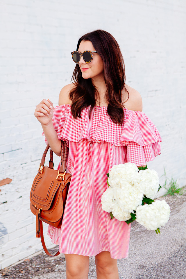 Red Gingham Off the Shoulder Dress on Kendi Everyday