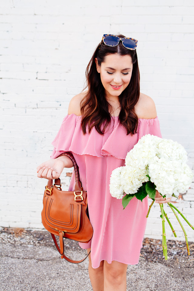 Red Gingham Off the Shoulder Dress on Kendi Everyday