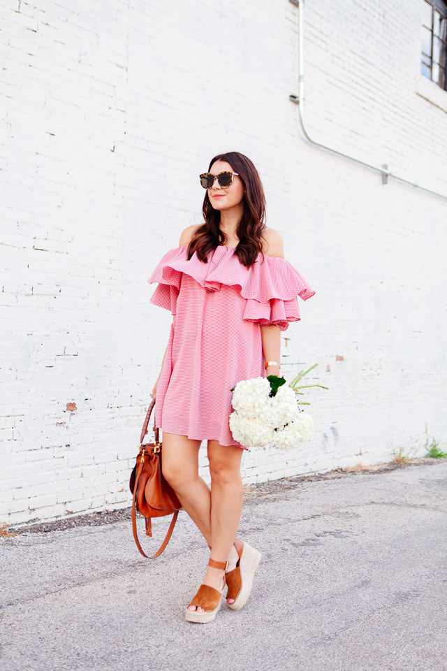 Red Gingham Off the Shoulder Dress on Kendi Everyday