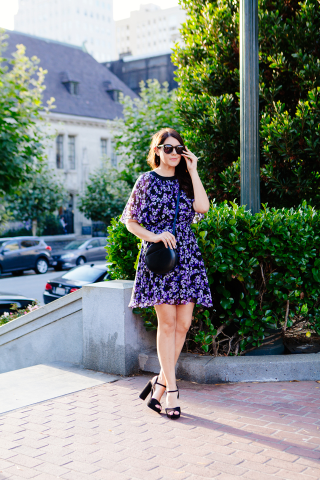 Floral Kate Spade Dress and Black Round Crossbody as featured on Kendi Everyday.