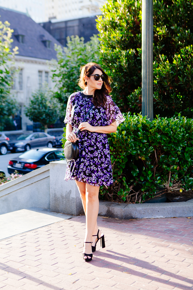 Floral Kate Spade Dress and Black Round Crossbody as featured on Kendi Everyday.