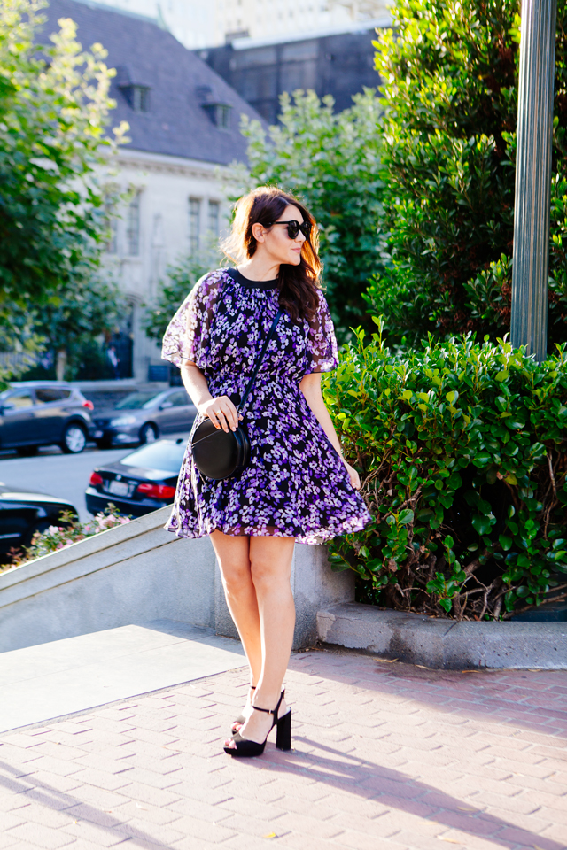 Floral Kate Spade Dress and Black Round Crossbody as featured on Kendi Everyday.