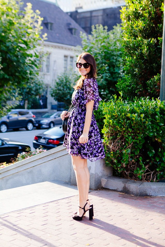 Floral Kate Spade Dress and Black Round Crossbody as featured on Kendi Everyday.