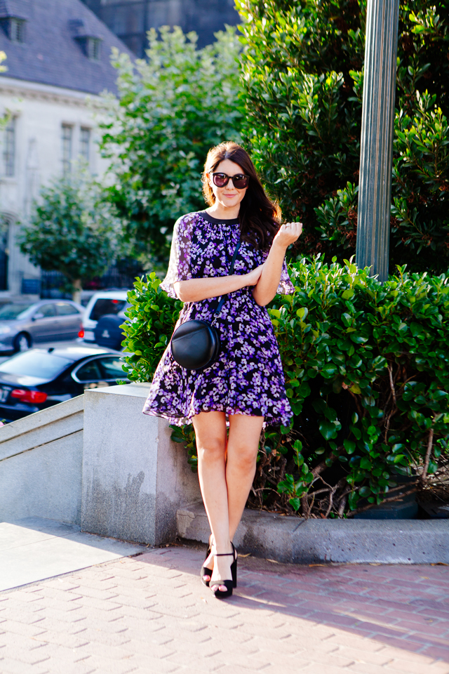Floral Kate Spade Dress and Black Round Crossbody as featured on Kendi Everyday.