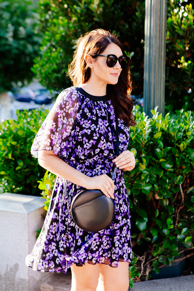 Floral Kate Spade Dress and Black Round Crossbody as featured on Kendi Everyday.