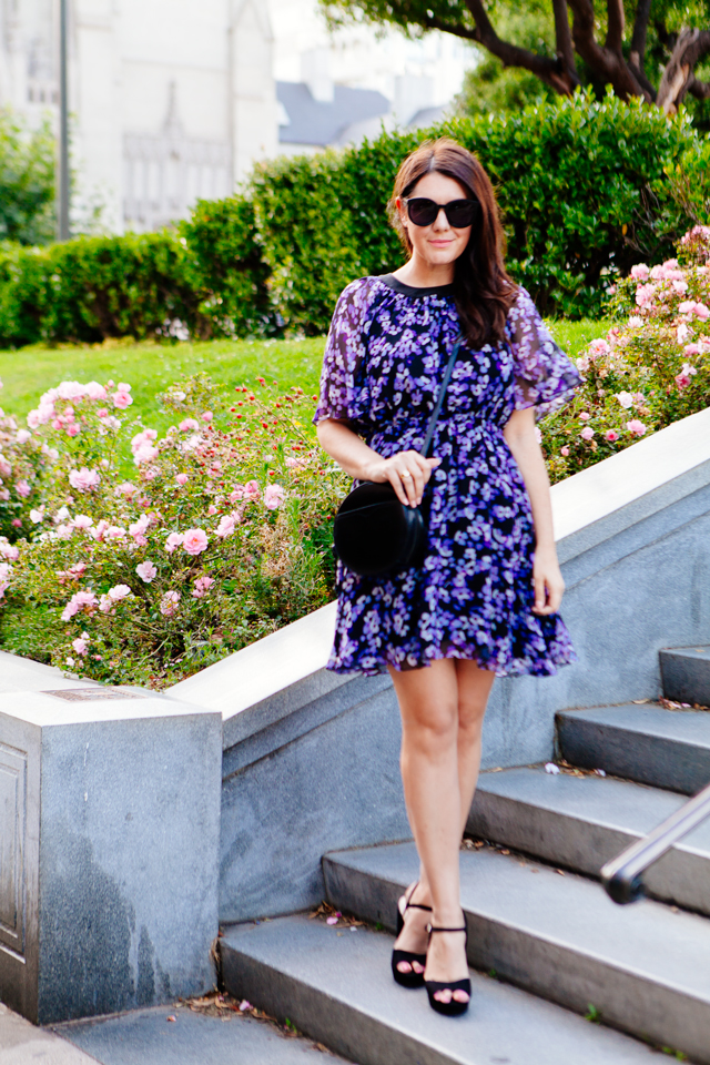 Floral Kate Spade Dress and Black Round Crossbody as featured on Kendi Everyday.