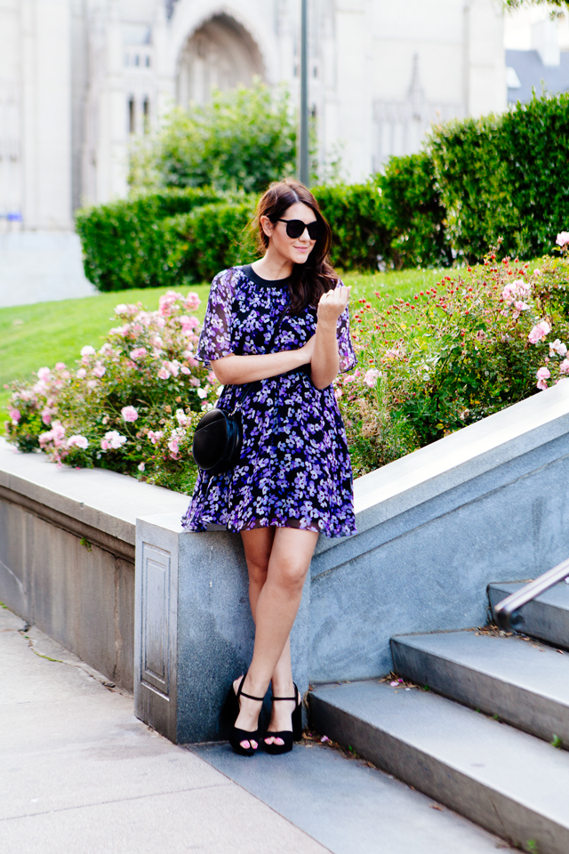 Floral Kate Spade Dress and Black Round Crossbody as featured on Kendi Everyday.