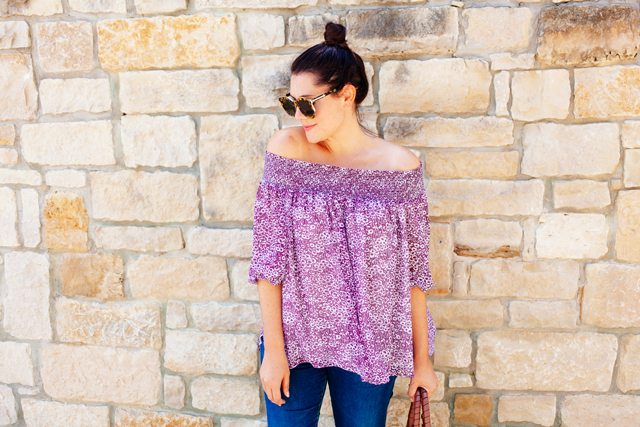 Floral Off the Shoulder Blouse with distressed denim on Kendi Everyday
