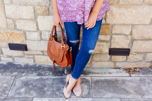 Floral Off the Shoulder Blouse with distressed denim on Kendi Everyday