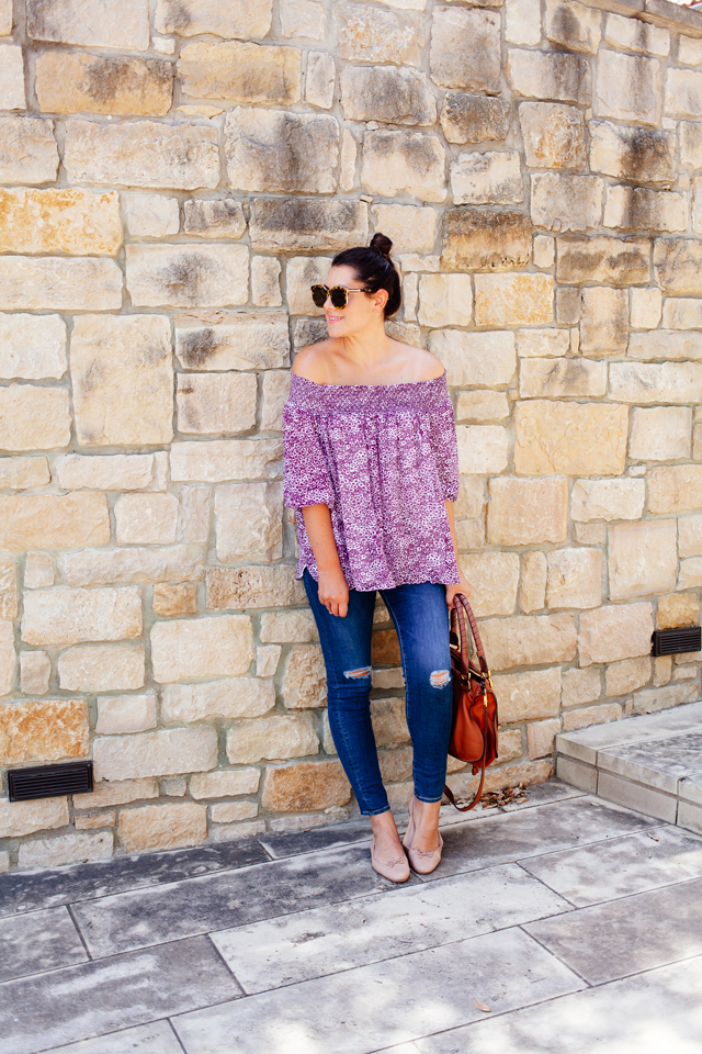 Floral Off the Shoulder Blouse with distressed denim on Kendi Everyday