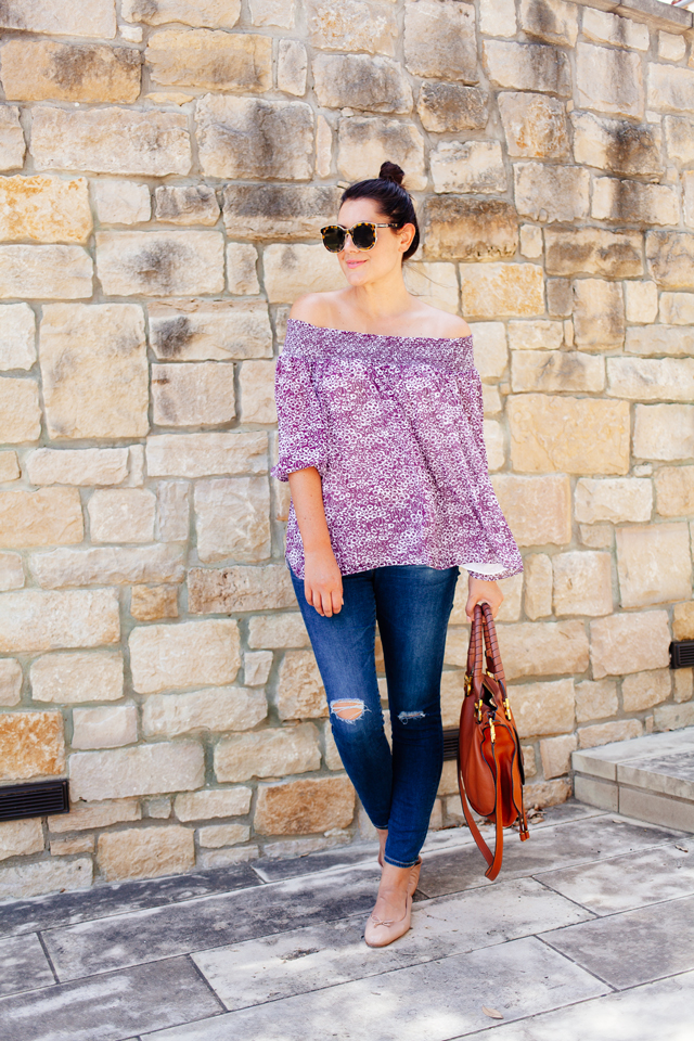 Floral Off the Shoulder Blouse with distressed denim on Kendi Everyday