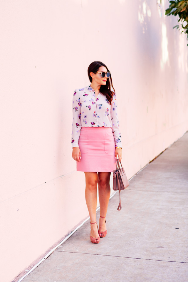 Floral Rebecca Taylor Blouse with Pink Loft Skirt on Kendi Everyday