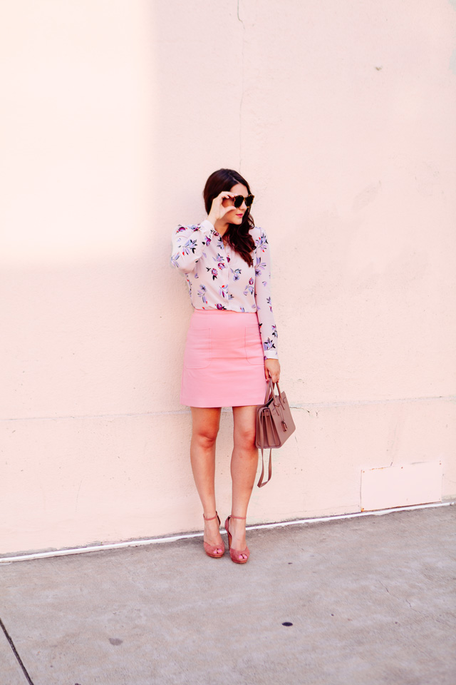 Floral Rebecca Taylor Blouse with Pink Loft Skirt on Kendi Everyday