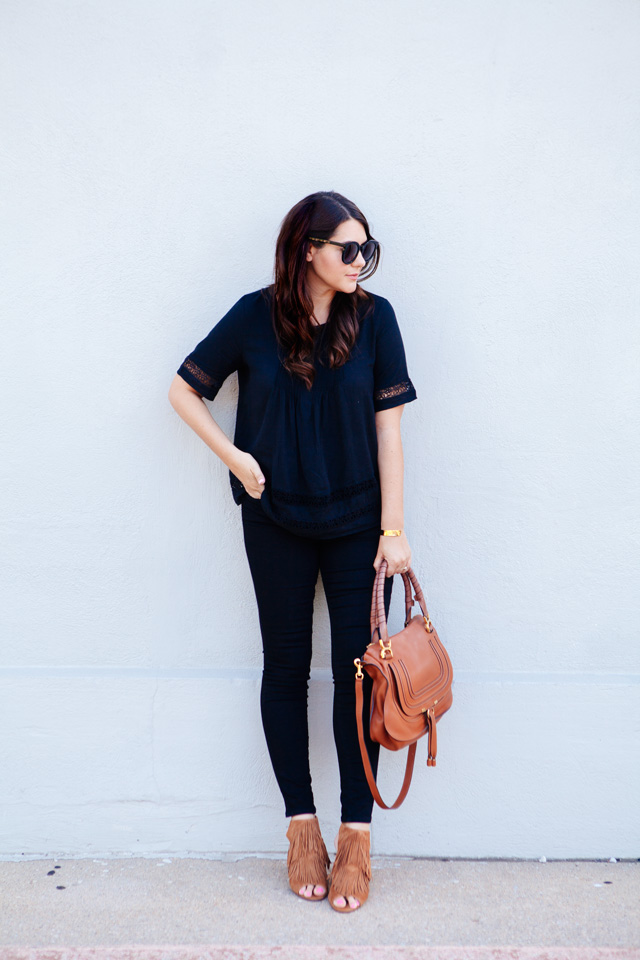 Black on black outfit with cognac accessories. 