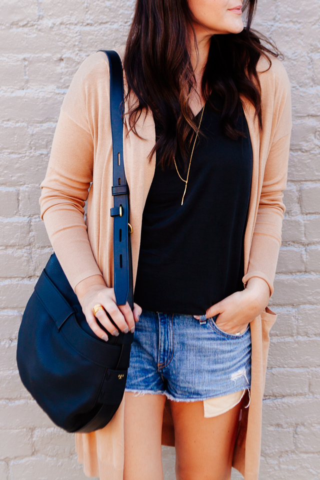 Casual camel cardigan with grey tee with cut offs on Kendi Everyday