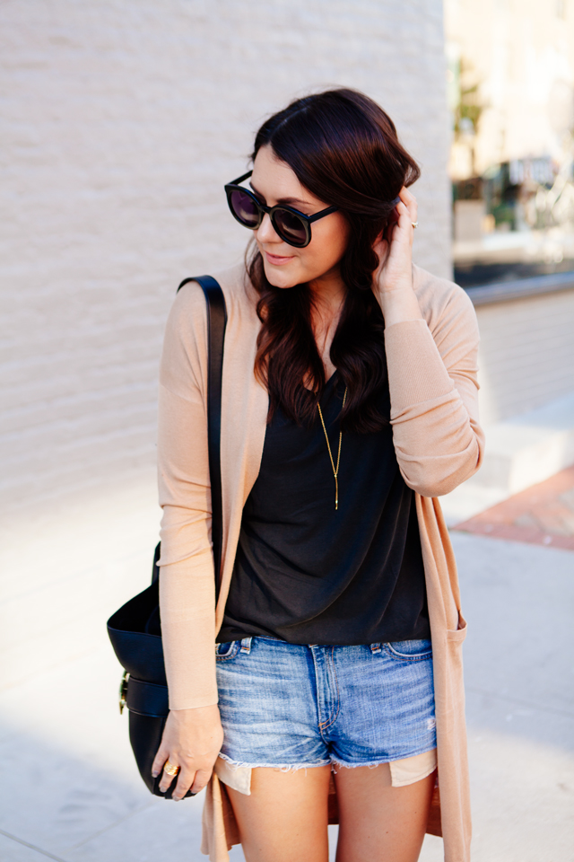 Casual camel cardigan with grey tee with cut offs on Kendi Everyday