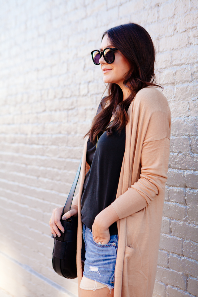 Casual camel cardigan with grey tee with cut offs on Kendi Everyday