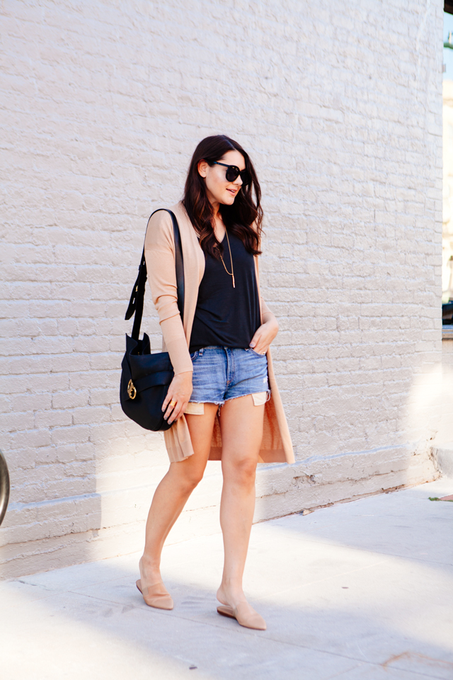 Casual camel cardigan with grey tee with cut offs on Kendi Everyday