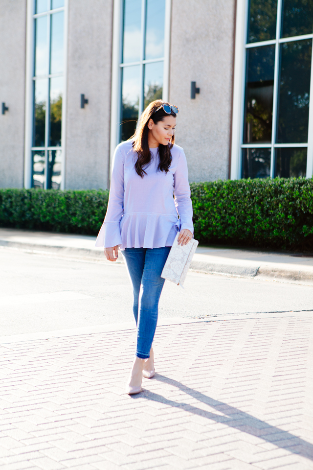 Clare V. Lace Clutch with Bell Sleeve Blouse and Ankle Jeans and Nude heels on Kendi Everyday.