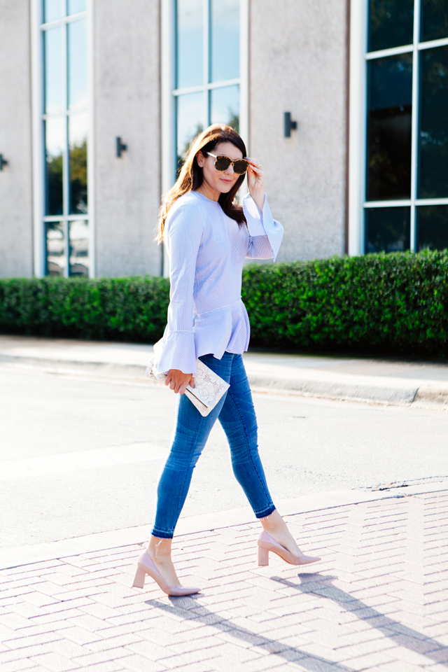 Clare V. Lace Clutch with Bell Sleeve Blouse and Ankle Jeans and Nude heels on Kendi Everyday.