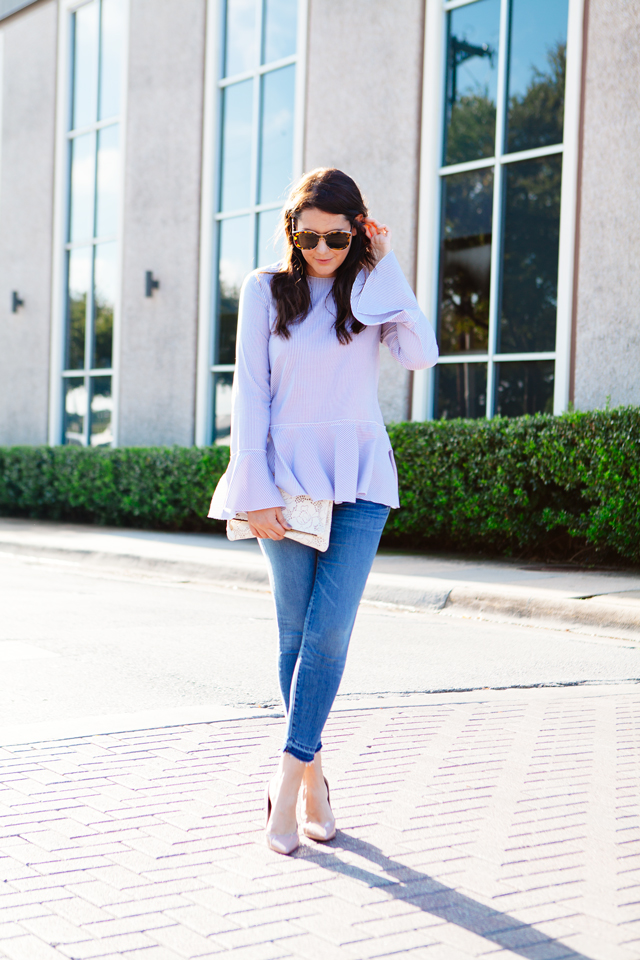 Clare V. Lace Clutch with Bell Sleeve Blouse and Ankle Jeans and Nude heels on Kendi Everyday.