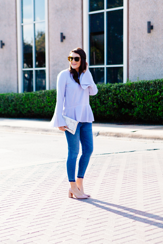 Clare V. Lace Clutch with Bell Sleeve Blouse and Ankle Jeans and Nude heels on Kendi Everyday.