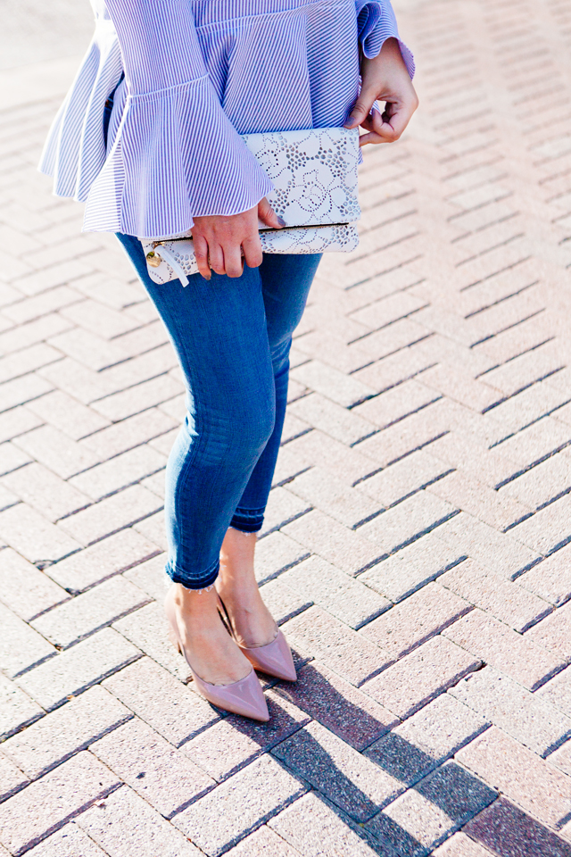 Raw Hem Ankle Jeans with Nude Block Heels and Lace Clutch outfit on Kendi Everyday.