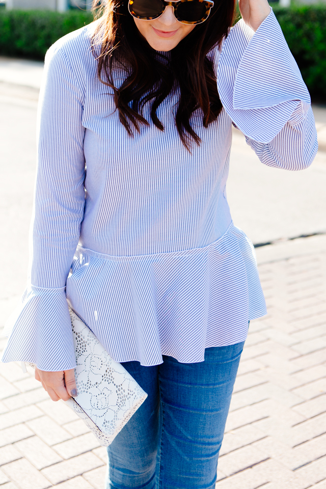 Bell sleeve blouse with Lace Clutch. 