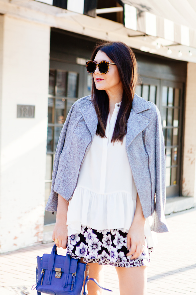 Knit Moto Jacket and Floral Ruffle Skirt on Kendi Everyday.