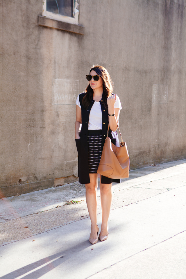 Navy Vest paired with a Tweed Mink Skirt on Kendi Everyday.