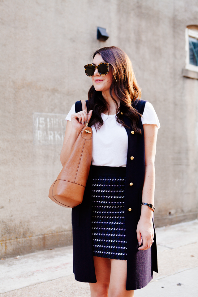 Navy Vest paired with a Tweed Mink Skirt on Kendi Everyday.