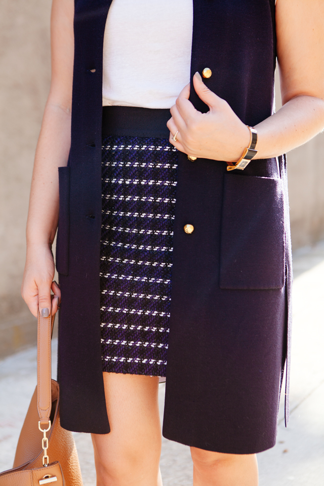 Navy Vest paired with a Tweed Mink Skirt on Kendi Everyday.