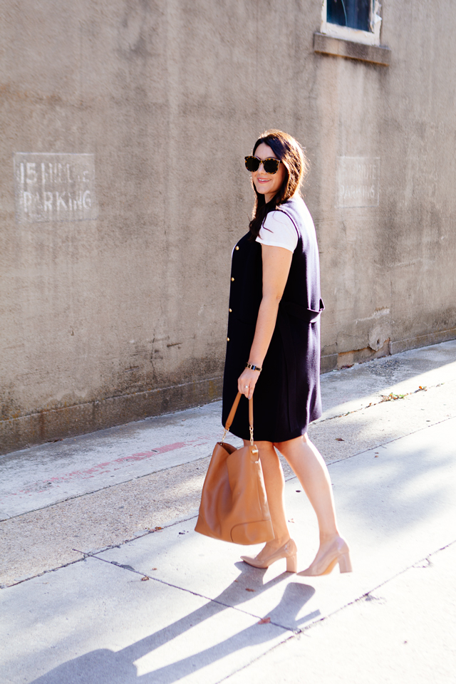 Navy Vest paired with a Tweed Mink Skirt on Kendi Everyday.