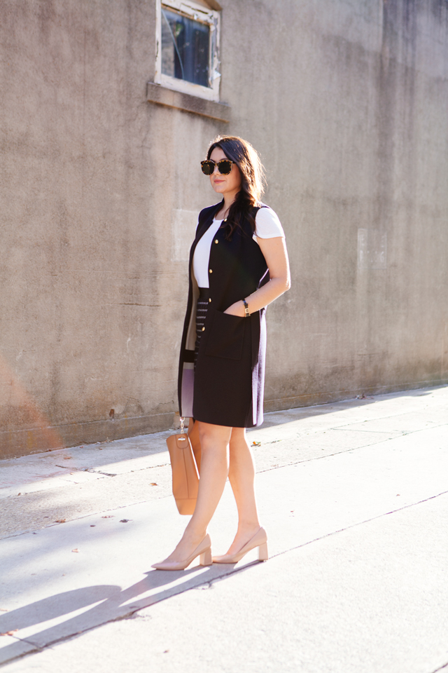 Navy Vest paired with a Tweed Mink Skirt on Kendi Everyday.
