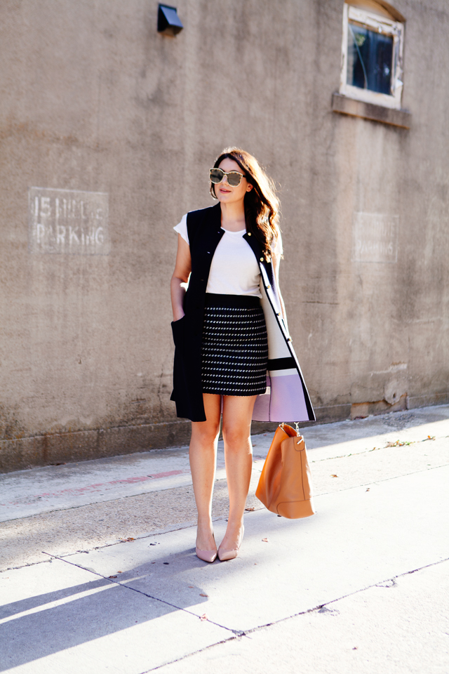 Navy Vest paired with a Tweed Mink Skirt on Kendi Everyday.