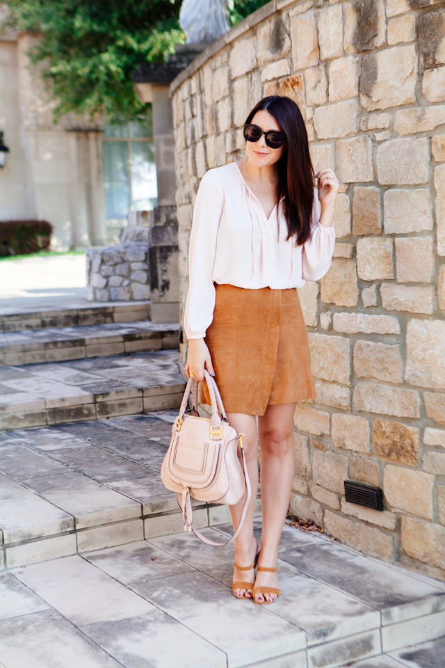 Camel Suede Wrap Skirt with Pale Pink blouse and Blush purse on Kendi Everyday.