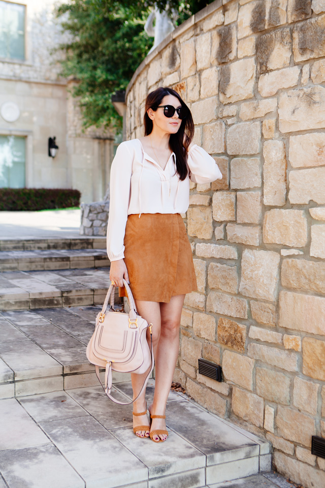 Camel Suede Wrap Skirt with Pale Pink blouse and Blush purse on Kendi Everyday.