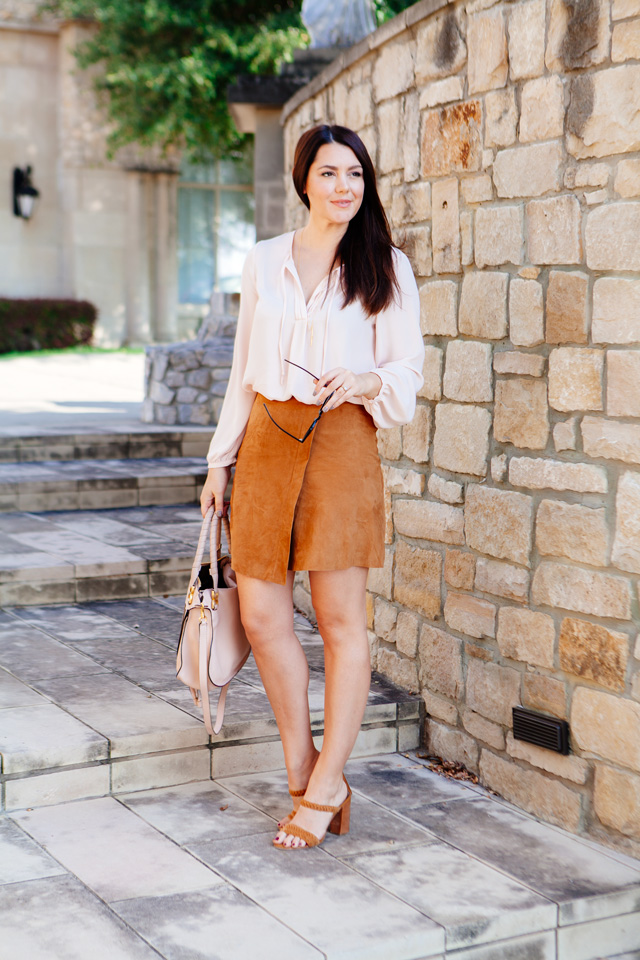 Camel Suede Wrap Skirt with Pale Pink blouse and Blush purse on Kendi Everyday.