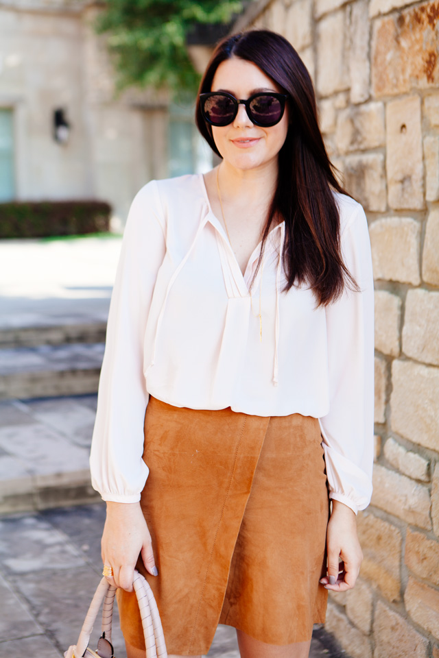 Camel Suede Wrap Skirt with Pale Pink blouse and Blush purse on Kendi Everyday.