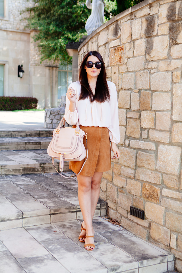 Camel Suede Wrap Skirt with Pale Pink blouse and Blush purse on Kendi Everyday.