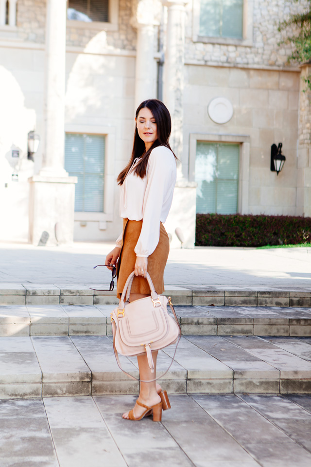 Camel Suede Wrap Skirt with Pale Pink blouse and Blush purse on Kendi Everyday.
