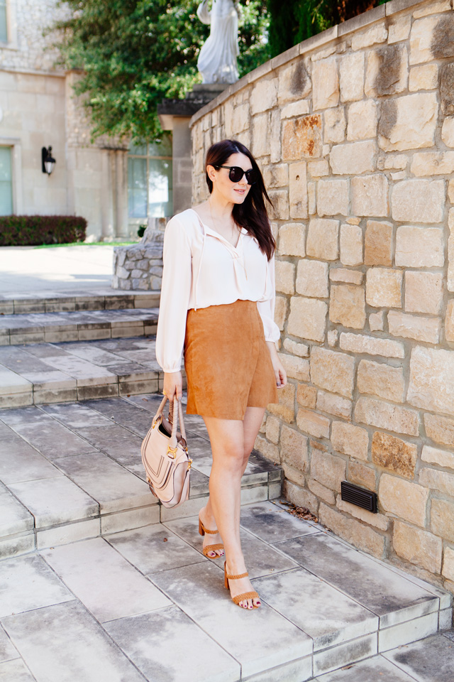 Camel Suede Wrap Skirt with Pale Pink blouse and Blush purse on Kendi Everyday.
