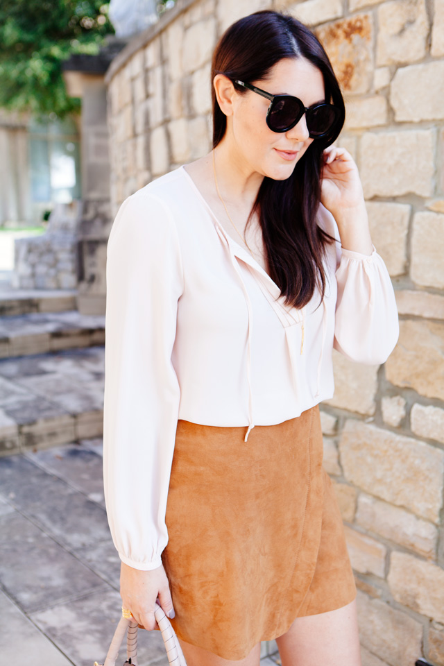 Camel Suede Wrap Skirt with Pale Pink blouse and Blush purse on Kendi Everyday.