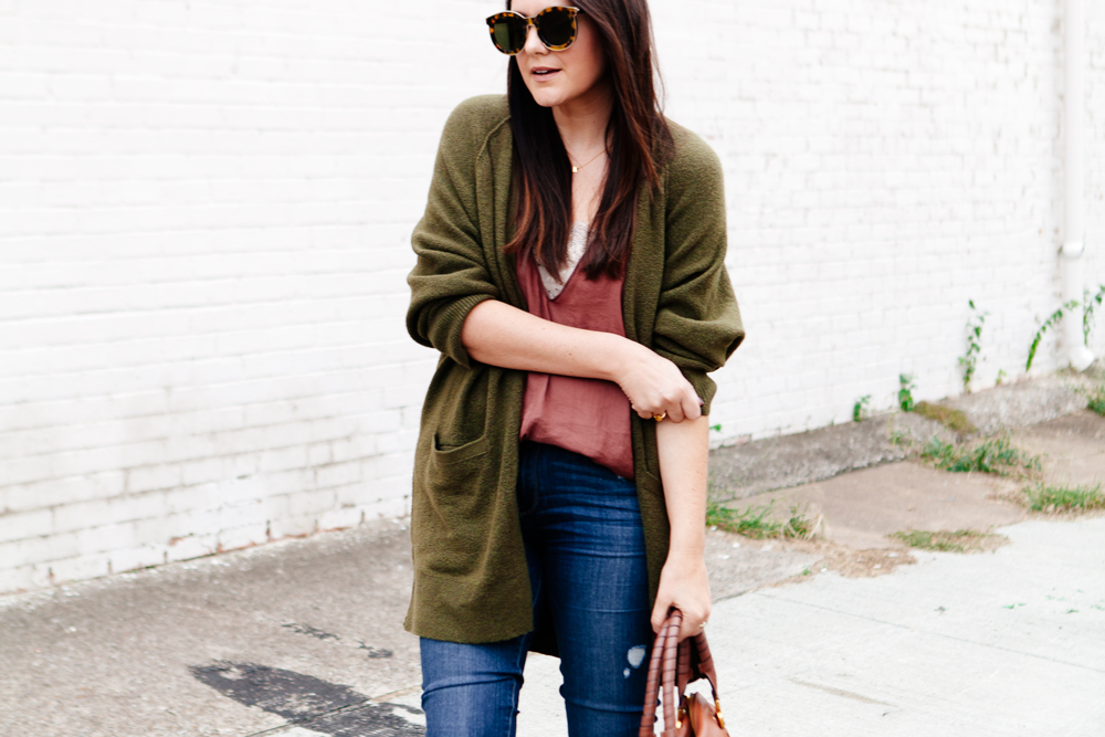 Olive oversized cardigan with rose camisole on Kendi Everyday.